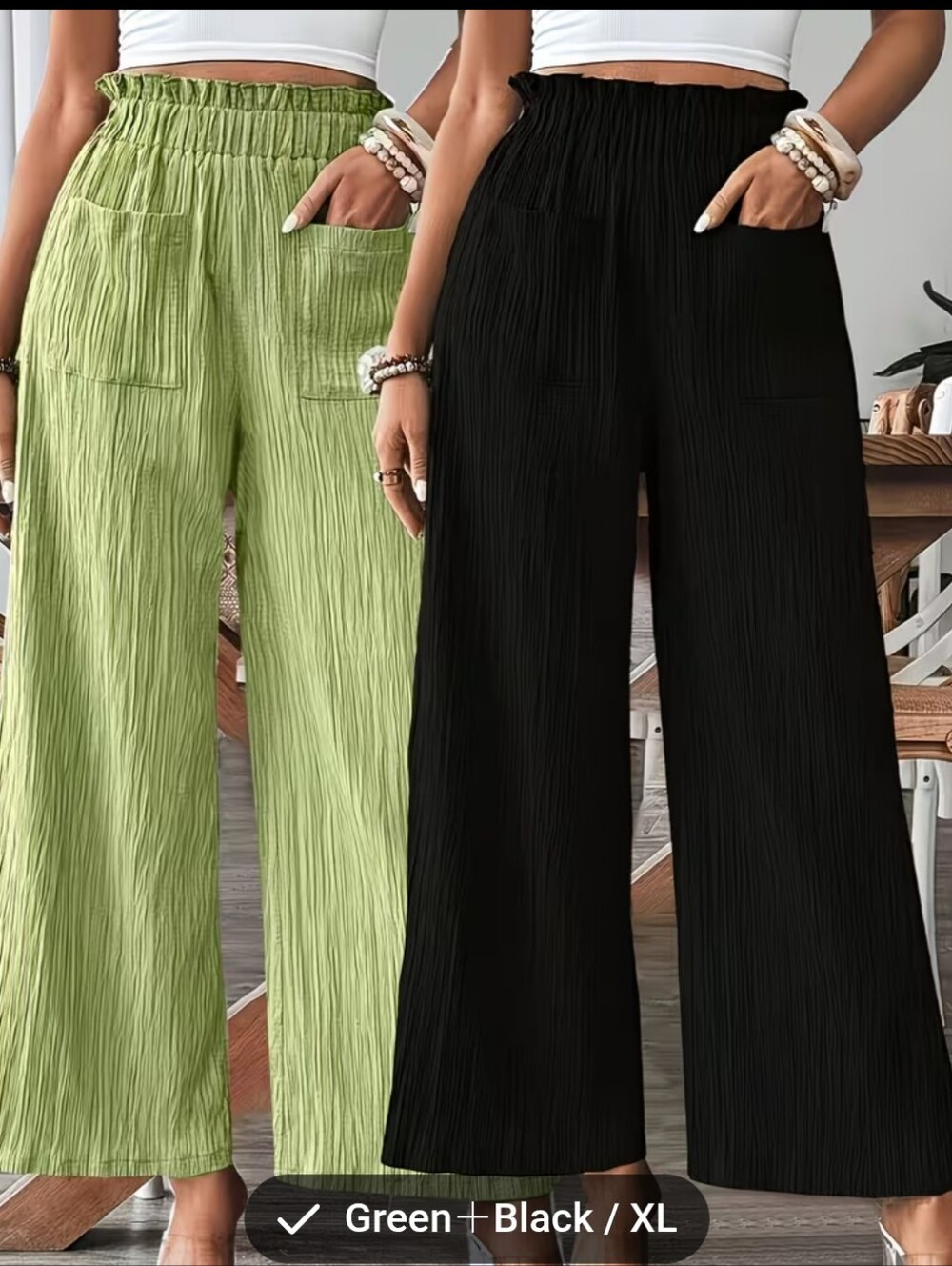 2-PAIR Relaxed Wide-Leg Pants - Green & Black (XL) NEW